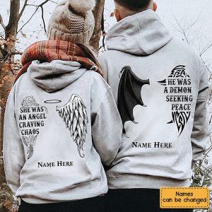 Alternative view of Personalized Demon Angel Love Couple Pullover Hoodie