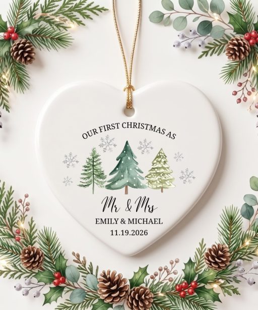 Alternative view of Our First Christmas Married Ornament, Personalized Mr and Mrs Ornament, Custom Wedding Keepsake Decoration