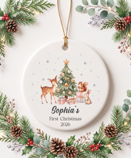 Personalized First Christmas Ornament, Custom Name Cute Woodland Animals Ornament
