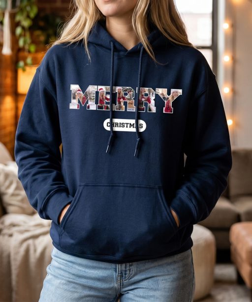 Custom Merry Christmas Photo College Font Hoodie, Custom Picture Letter Christmas Jumper, Personalised Holiday Gift for Him Her