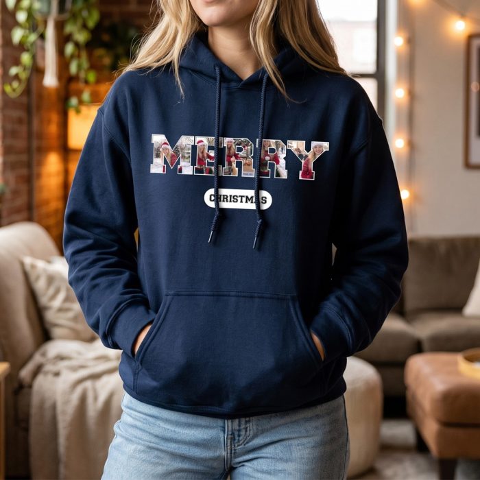 Custom Merry Christmas Photo College Font Hoodie, Custom Picture Letter Christmas Jumper, Personalised Holiday Gift for Him Her