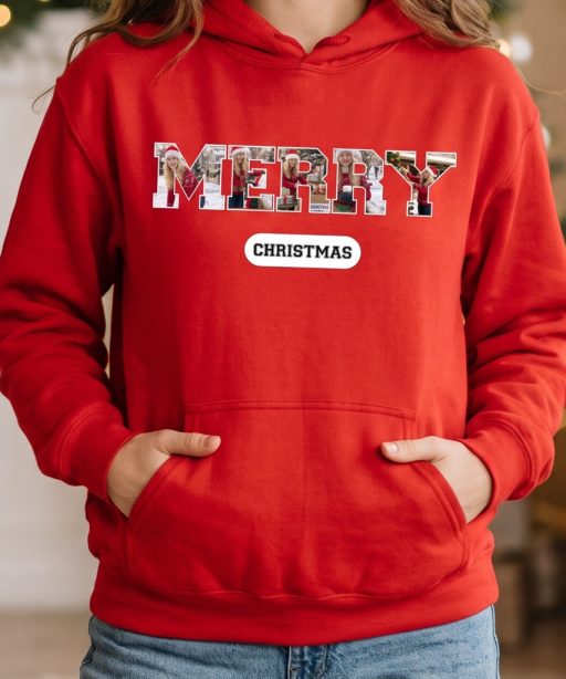 Alternative view of Custom Merry Christmas Photo College Font Hoodie, Custom Picture Letter Christmas Jumper, Personalised Holiday Gift for Him Her