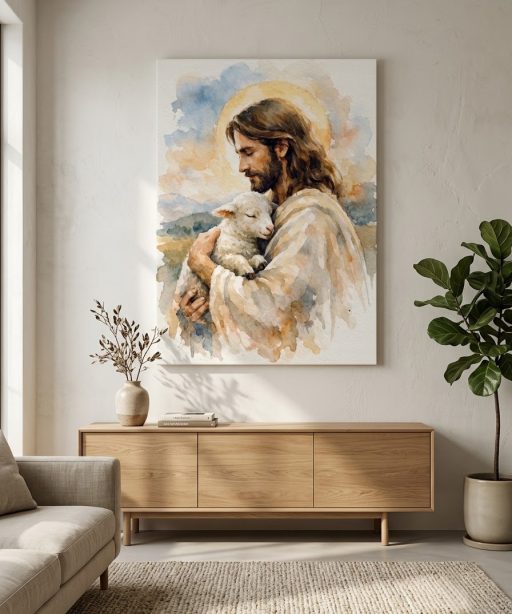 Jesus Holding Lamb Watercolor Canvas Wall Art, Good Shepherd Christian Gift