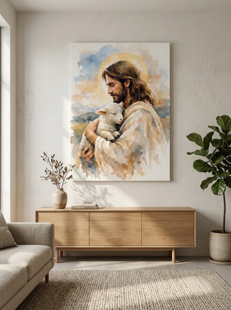 Jesus Holding Lamb Watercolor Canvas Wall Art, Good Shepherd Christian Gift