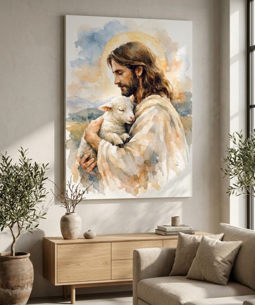 Alternative view of Jesus Holding Lamb Watercolor Canvas Wall Art, Good Shepherd Christian Gift