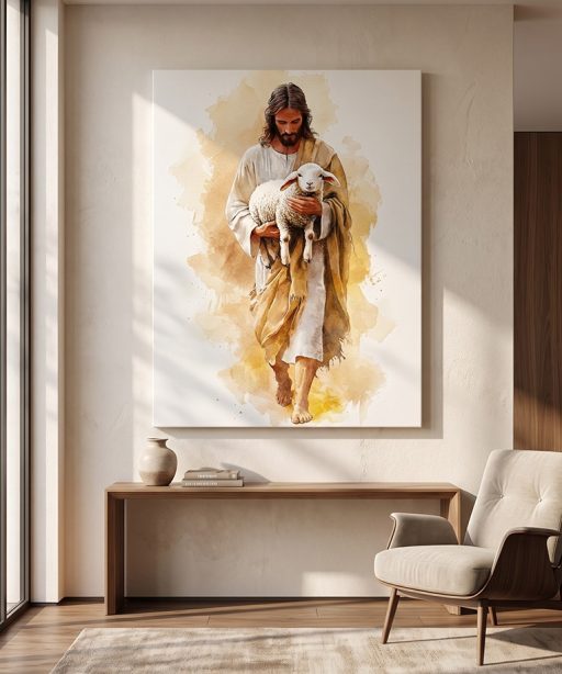 The Good Shepherd Jesus Holding Lamb Watercolor Canvas Print - Christian Wall Art