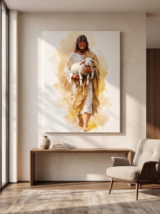 The Good Shepherd Jesus Holding Lamb Watercolor Canvas Print - Christian Wall Art