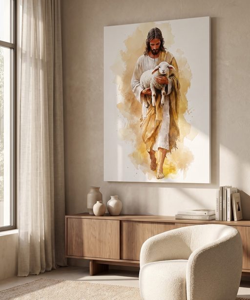 Alternative view of The Good Shepherd Jesus Holding Lamb Watercolor Canvas Print - Christian Wall Art