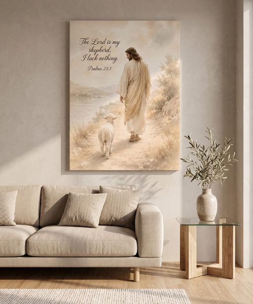 The Lord Is My Shepherd Psalms 23:1 Wrapped Canvas Wall Art - Jesus & Lamb Christian Home Decor